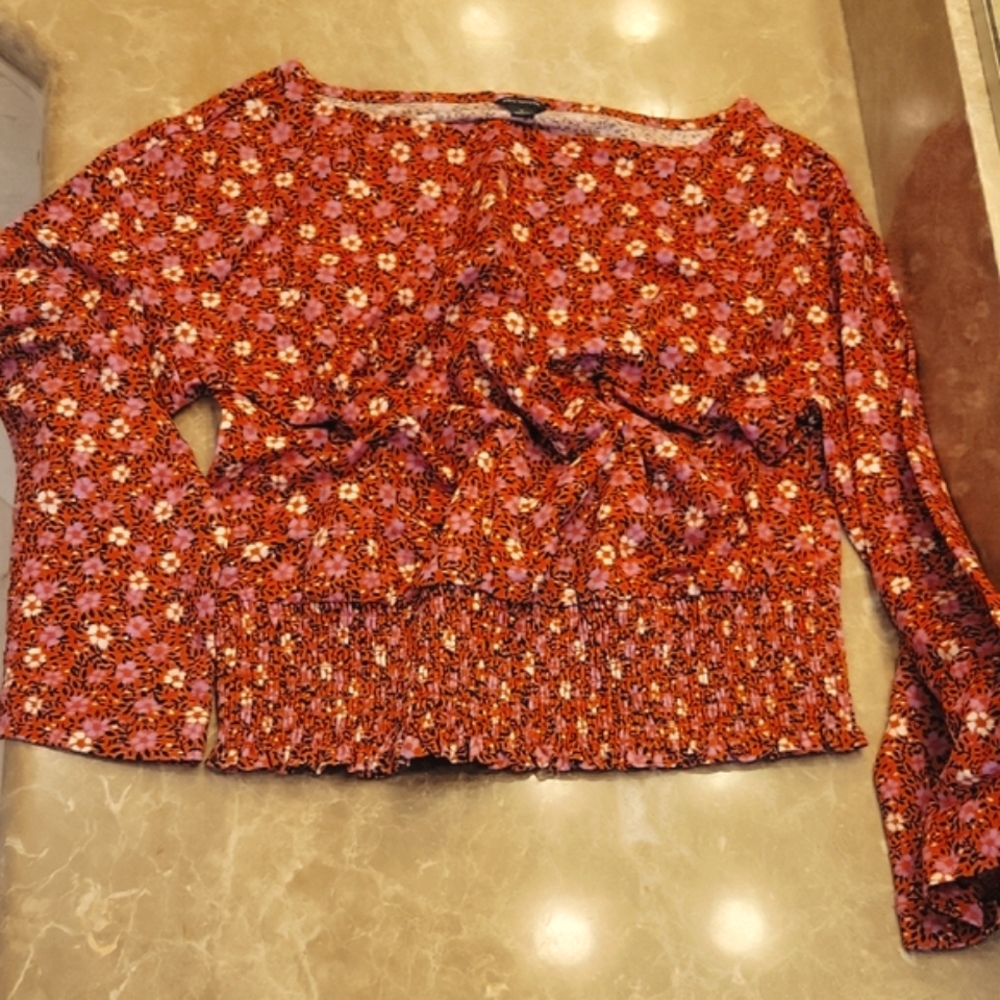 Ann Taylor Floral Blouse in Orange, Purple, White & Black,  M